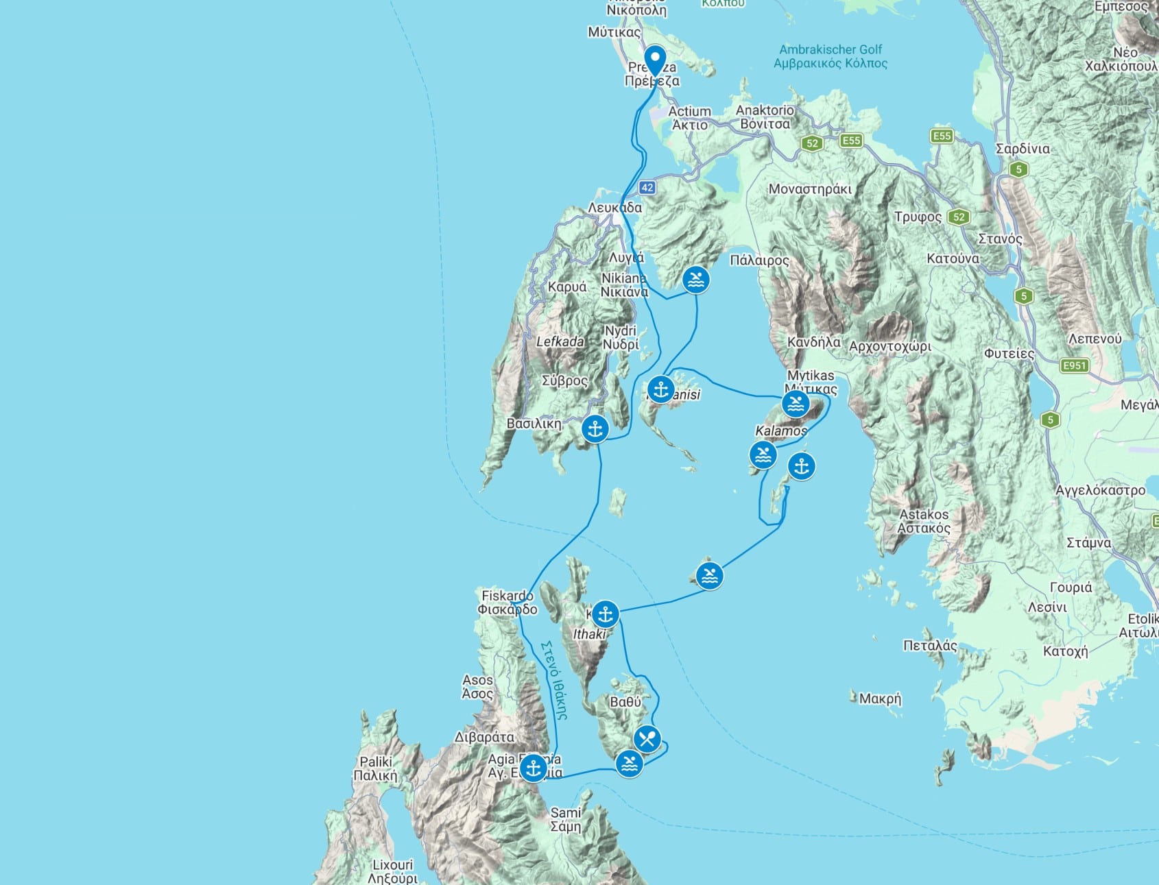 Segelroute durch das südliche Ionische Meer – zwischen Lefkas, Ithaka und Kefalonia