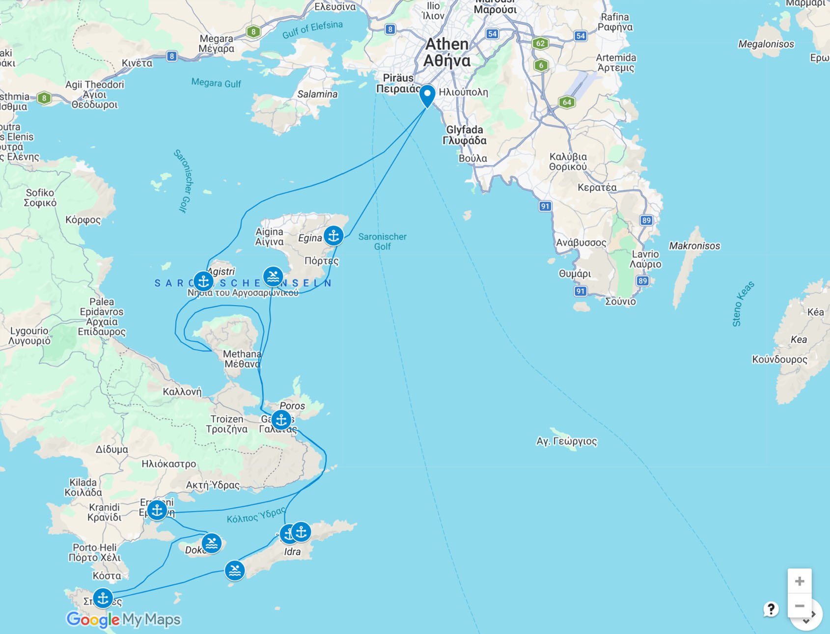 Segelroute Saronischer Golf Alimos-Ägina-Poros-Hydra-Spetses-Ermioni-Angistri